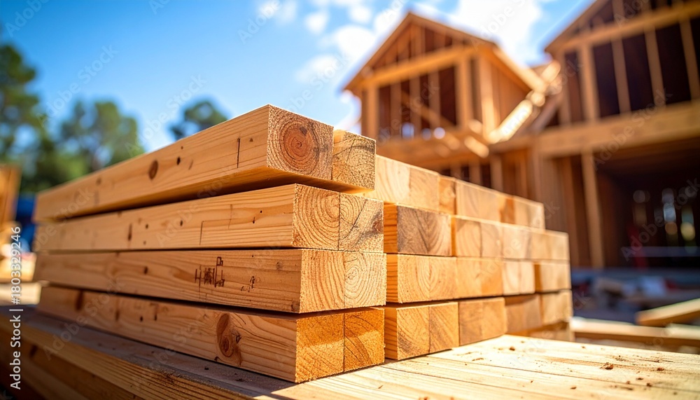 Fototapeta premium Close-up of stacked lumber in focus, with a partially constructed house in the background on a sunny day.