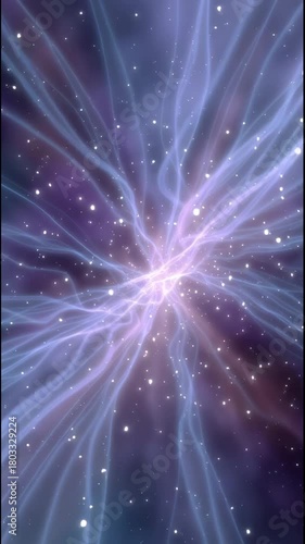 Ethereal abstract vision of deep space with mystical cosmic energy. Radiant purple and blue light from powerful glowing nebula star burst