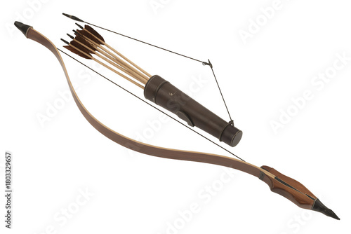 Vintage wooden bow and arrows in quiver isolated on transparent background