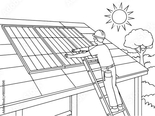 Vector illustration of a man installing solar panels on a roof with a ladder under the sun shine