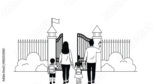 Family walks through open gates toward bright future