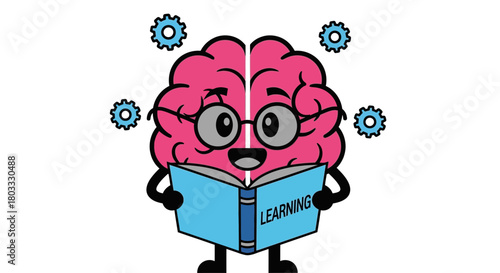 Happy brain character reading a learning book with gears