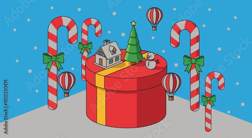 Whimsical Christmas scene with gift, tree, snowman, candy canes, and hot air balloons