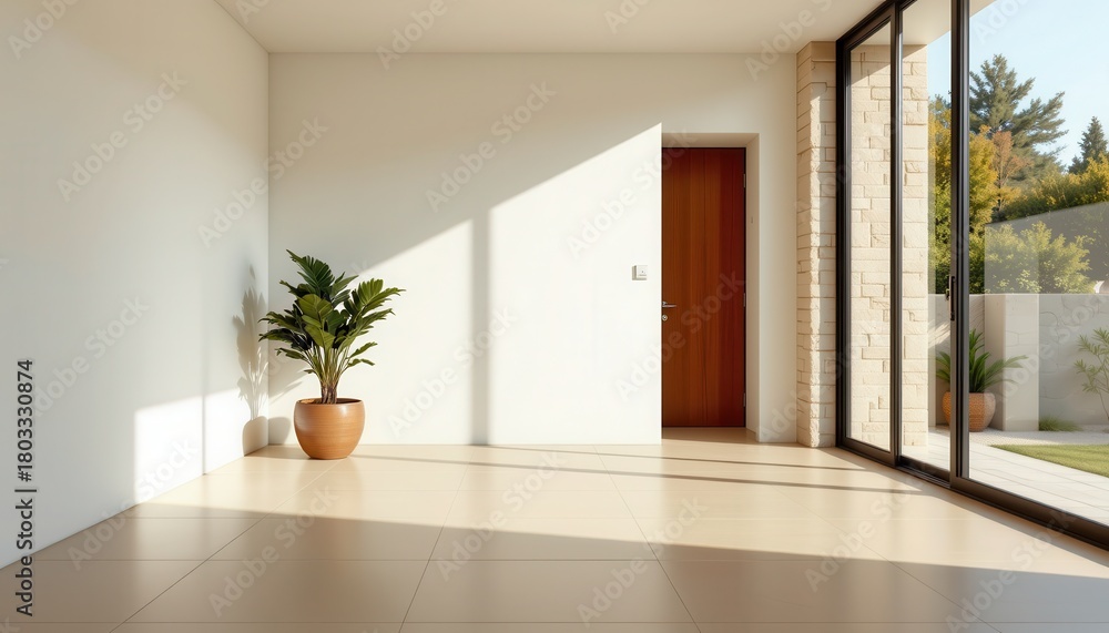 Fototapeta premium Bright and Modern Interior Living Space with Large Windows and Potted Plant for Tranquil Home Ambiance