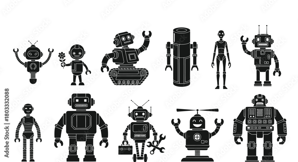 Naklejka premium Diverse robot collection modern and classic styles for technology themes