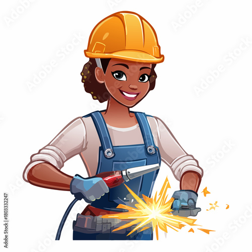 A smiling cartoon woman with dark skin and curly hair, wearing a hard hat and overalls, welding with a torch and creating bright sparks.