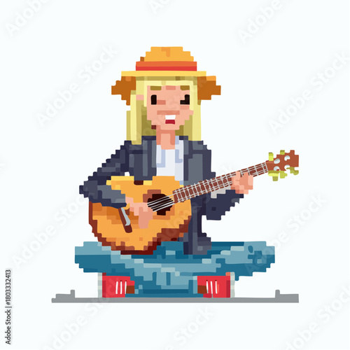 Pixel art illustration of a blonde woman in a hat playing an acoustic guitar while sitting cross-legged.