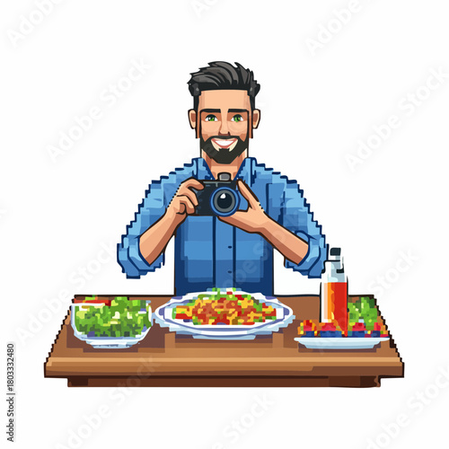 A pixel art illustration of a smiling man with a beard taking a photo of various food dishes on a wooden table.