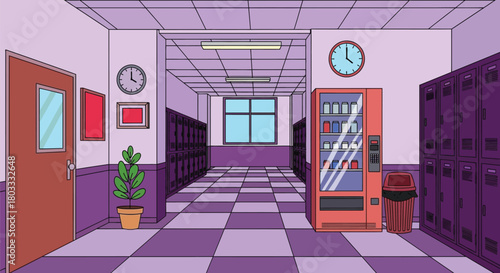 Empty school hallway with lockers, vending machine, and clock
