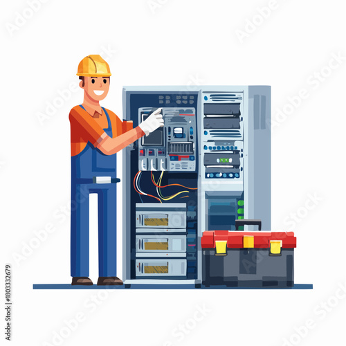 A smiling technician in a hard hat and overalls working on a server rack or electrical cabinet with a toolbox nearby.