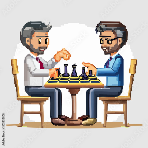 Two pixel art men with beards playing a strategic game of chess at a table, enjoying a leisure activity.