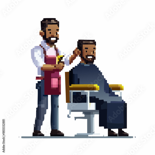 A pixel art illustration of a smiling barber giving a haircut to a client in a barber chair.