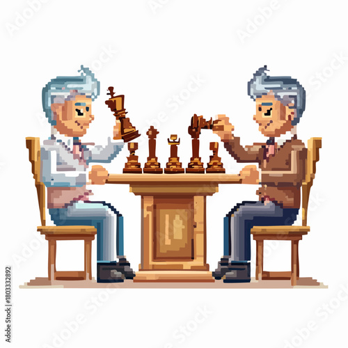 Two pixel art gentlemen playing a strategic game of chess at a wooden table.