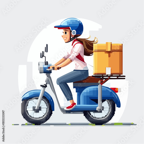 Cartoon illustration of a smiling woman delivery rider on a blue scooter with a package.