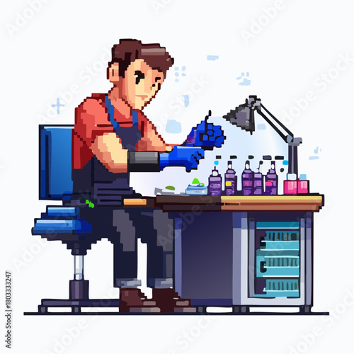 A pixel art illustration of a man in an apron and gloves working at a desk with colorful bottles and a lamp, engaged in a detailed craft or hobby.