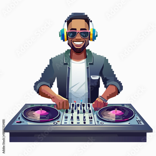 A smiling Black DJ wearing headphones and sunglasses, mixing music on a turntable setup.