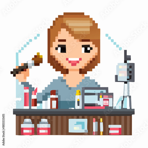 A pixel art illustration of a smiling woman, a beauty blogger or makeup artist, at a counter with cosmetics and a laptop.
