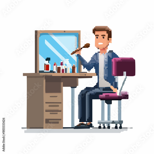 Pixel art illustration of a man applying makeup at a vanity table with a mirror and cosmetics, showcasing a personal grooming routine.