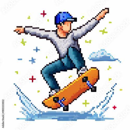 Pixel art illustration of a person skateboarding in mid-air, performing a trick with splashes and vibrant background elements, showcasing dynamic movement.