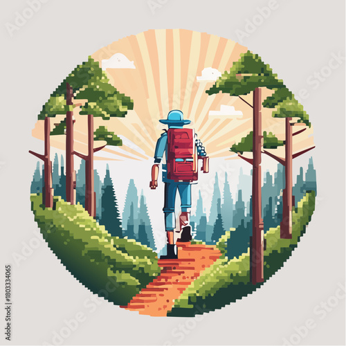 Pixel art illustration of a person with a backpack and hat hiking up a winding forest path towards a bright, radiant sunrise.