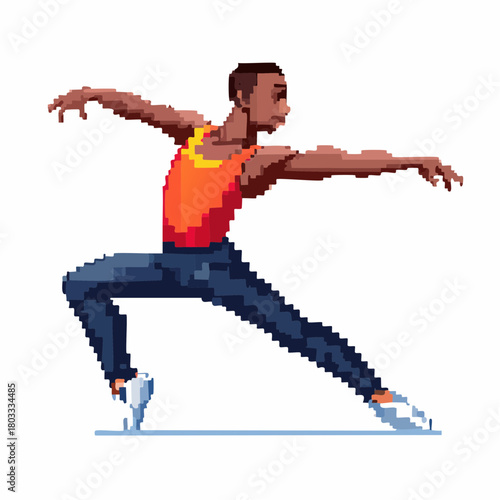 A pixel art illustration of a male dancer in a dynamic pose, wearing an orange top and blue pants, performing a ballet or contemporary dance move.