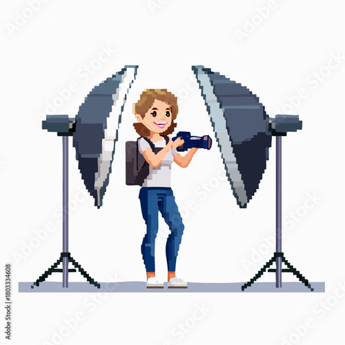 Pixel art illustration of a female photographer with a camera standing between two studio softbox lights.