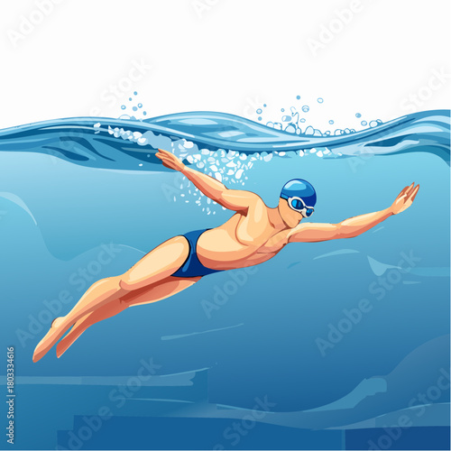 A male swimmer in a blue cap and goggles glides gracefully underwater in a blue pool, creating bubbles near the surface.