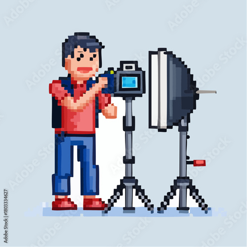 Pixel art illustration of a male photographer with a camera on a tripod and a softbox light setup, ready for a photoshoot.