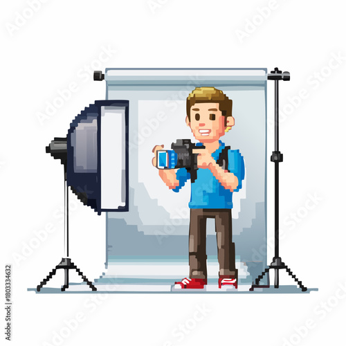 Pixel art illustration of a male photographer holding a camera in a studio setup with a white backdrop and softbox light.
