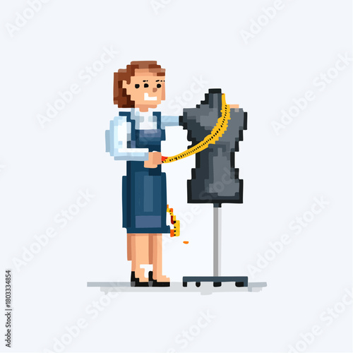 Pixel art illustration of a smiling female tailor measuring a mannequin with a yellow tape measure, depicting a sewing profession.
