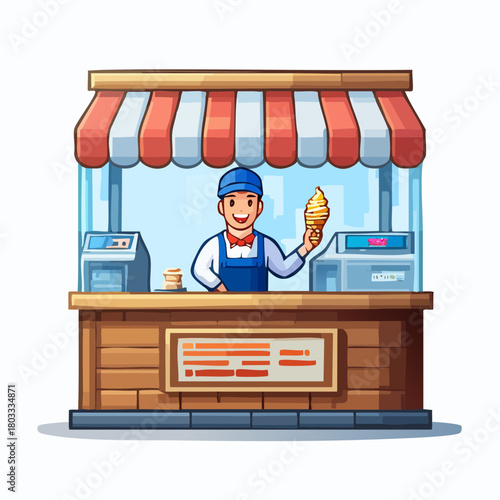 Cartoon illustration of a smiling ice cream vendor holding a cone behind a striped stall.