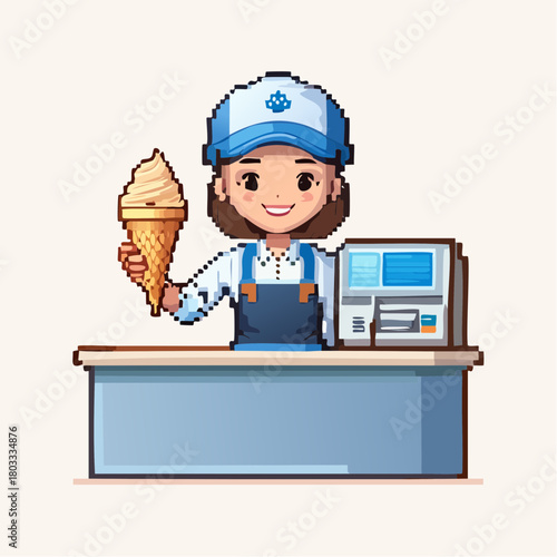 Pixel art illustration of a smiling ice cream vendor holding a cone behind a counter with a cash register.