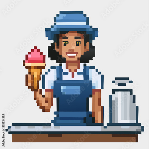 Pixel art illustration of a smiling female ice cream vendor holding a pink ice cream cone behind a counter.