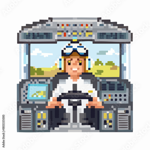 Pixel art illustration of a female pilot in a detailed cockpit, flying a plane with a retro 8-bit landscape visible through the windows, depicting a flight simulator game.
