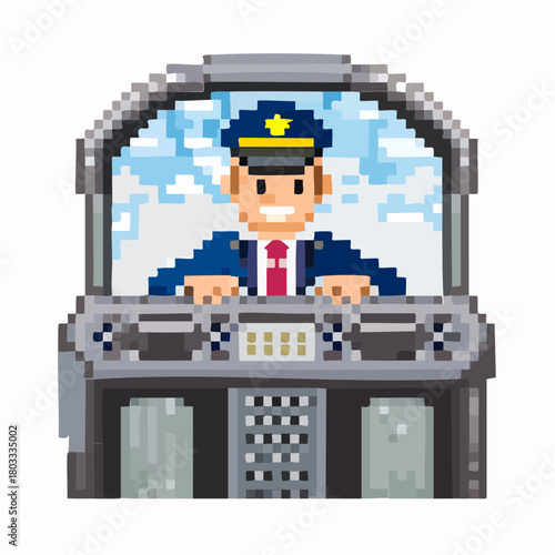 Pixel art illustration of a smiling male pilot in a blue uniform and cap, sitting in an airplane cockpit with controls and a window showing a cloudy sky.