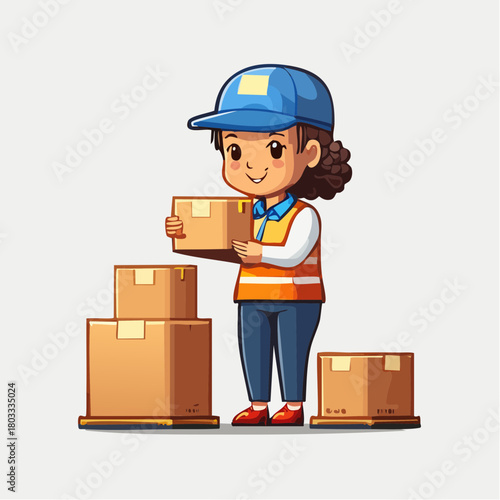 A cheerful cartoon delivery worker in a blue cap and orange vest, handling cardboard boxes in a warehouse setting.