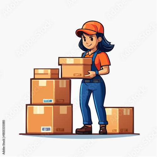 A friendly cartoon woman in an orange cap and blue overalls is carefully stacking cardboard boxes, indicating a moving or delivery service.