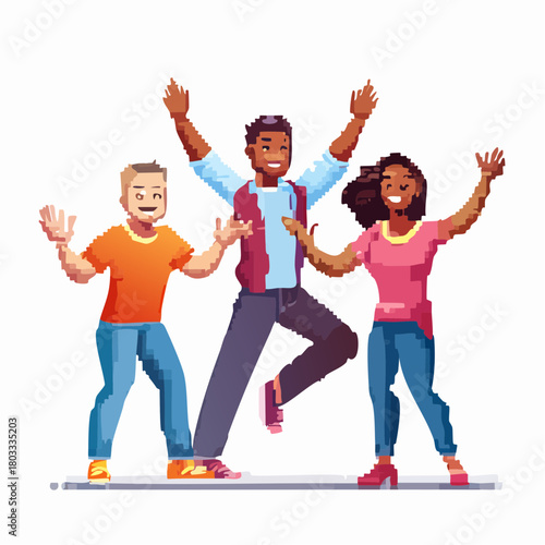 Three diverse friends celebrating together with arms raised in a joyful, energetic pose.