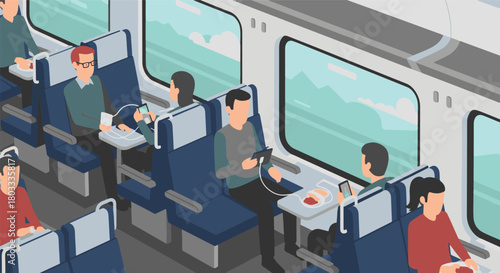 Passengers traveling in a train compartment with windows showing a scenic view