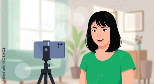 Woman Recording Video with Smartphone in Cozy Home Interior