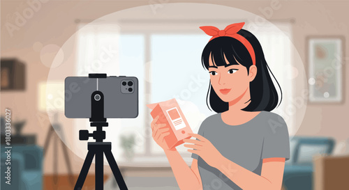 Modern woman vlogging and reviewing products from her cozy home, creating engaging digital content with a smartphone on a tripod, illustrating contemporary online lifestyle