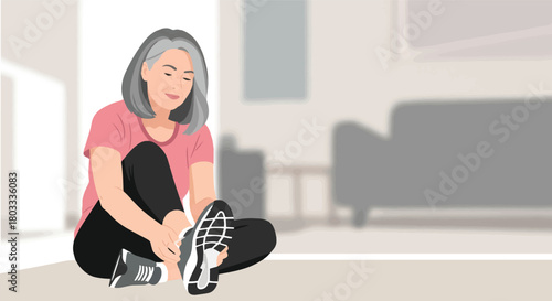 Mature woman sitting on the floor at home holding her injured ankle, feeling discomfort and pain after a workout
