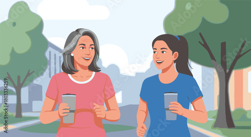 Two women of different ages enjoying a brisk walk together outdoors on a paved path, carrying water bottles