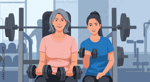 An older woman and a younger woman exercising together with dumbbells in a modern gym, promoting a healthy, active lifestyle. Vector illustration