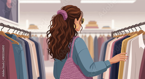 Stylish young woman with curly hair browsing a rack of colorful clothes in a fashion boutique. A flat vector illustration of retail therapy