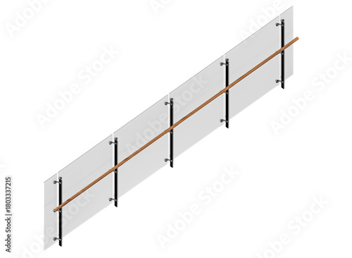 isometric render of a modern glass railing with wooden handrail, ideal for architectural planning and visualization.