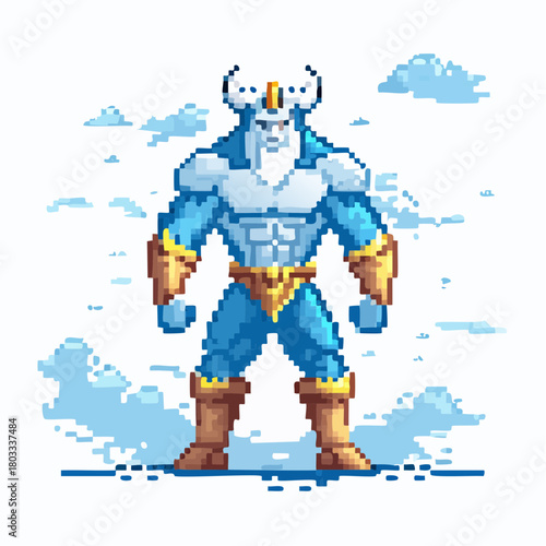 A pixel art illustration of a powerful blue horned warrior in golden armor standing against a cloudy sky.