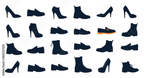 A diverse collection of various shoe types displayed as dark silhouettes on a white background, featuring high heels, boots, loafers, and flat shoes.