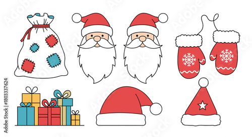 A charming collection of Christmas holiday design elements, including Santa Claus faces, festive hats, mittens, gift sack, and presents.