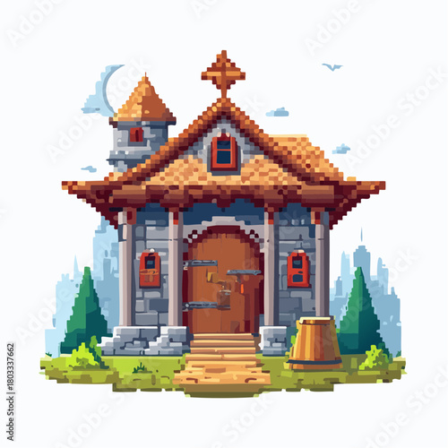 Detailed pixel art illustration of a charming fantasy church or chapel with stone walls, a brown tiled roof, and a cross, set against a subtle pixelated landscape under a crescent moon.